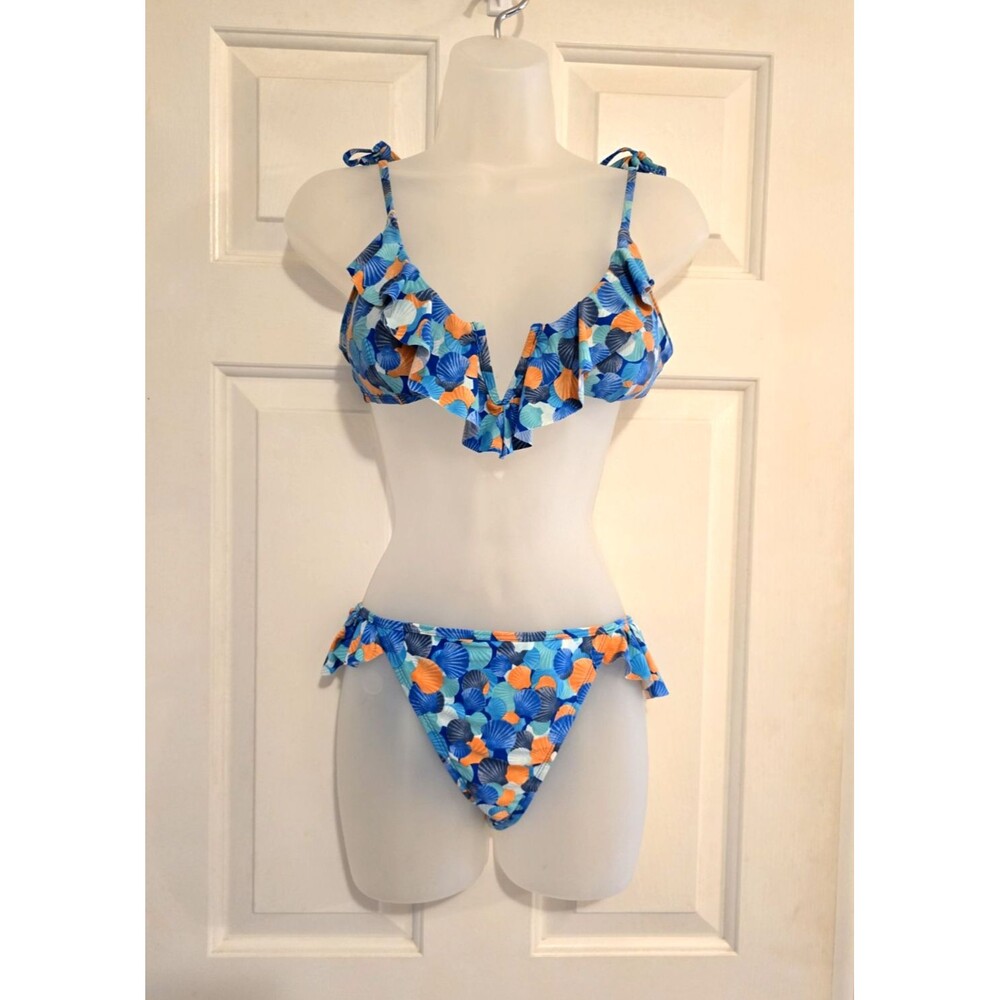 Decree Women's Ruffle Bikini Set M Seashell Print - Tropical Blue/Orange Coastal